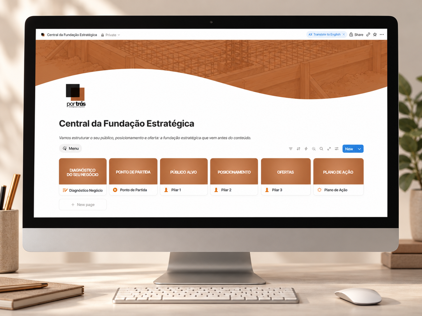 Central da Fundação Estratégica no Notion exibida em um computador
